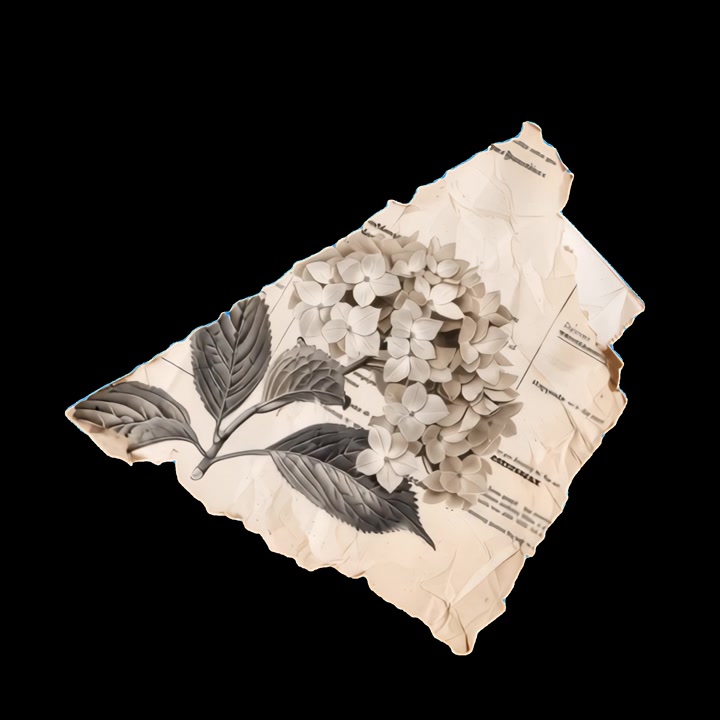 Vintage Botanical Hydrangea Illustration on Torn Crumpled Paper