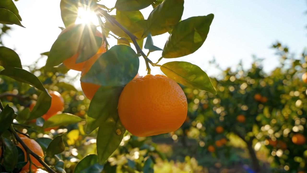 Arance Vivaci che Pendono da Alberi Verdi e Rigogliosi in un Frutteto Abbondante, che Brillano alla Luce del Sole Mattutino Circondate dalla Bellezza e dal Fogliame della Natura