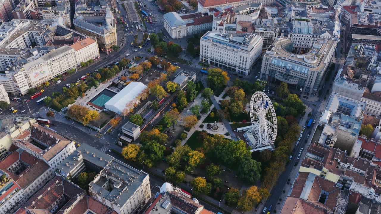 Drone shot of Budapest’s Ferris Wheel and surrounding park framed by historic downtown streets