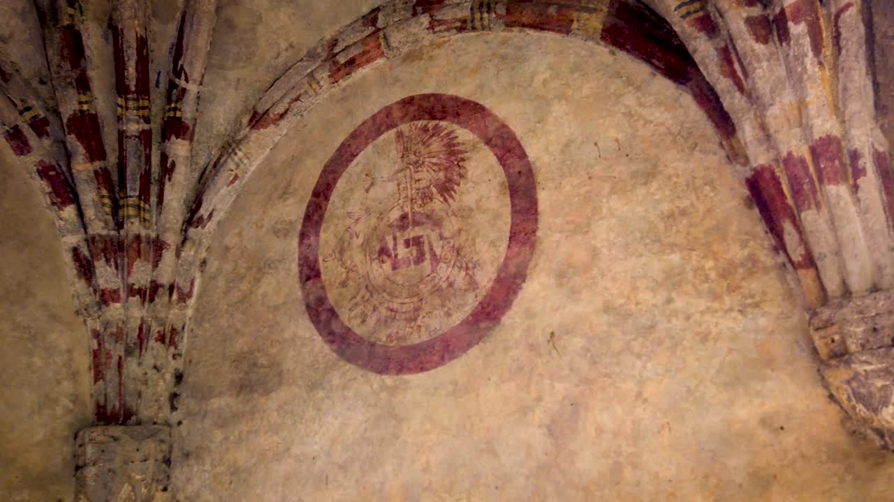 Panoramic and detailed shot of the mural painting in an adjacent space of the atrium of the Parish of the Nativity of Mary in Tepoztlán