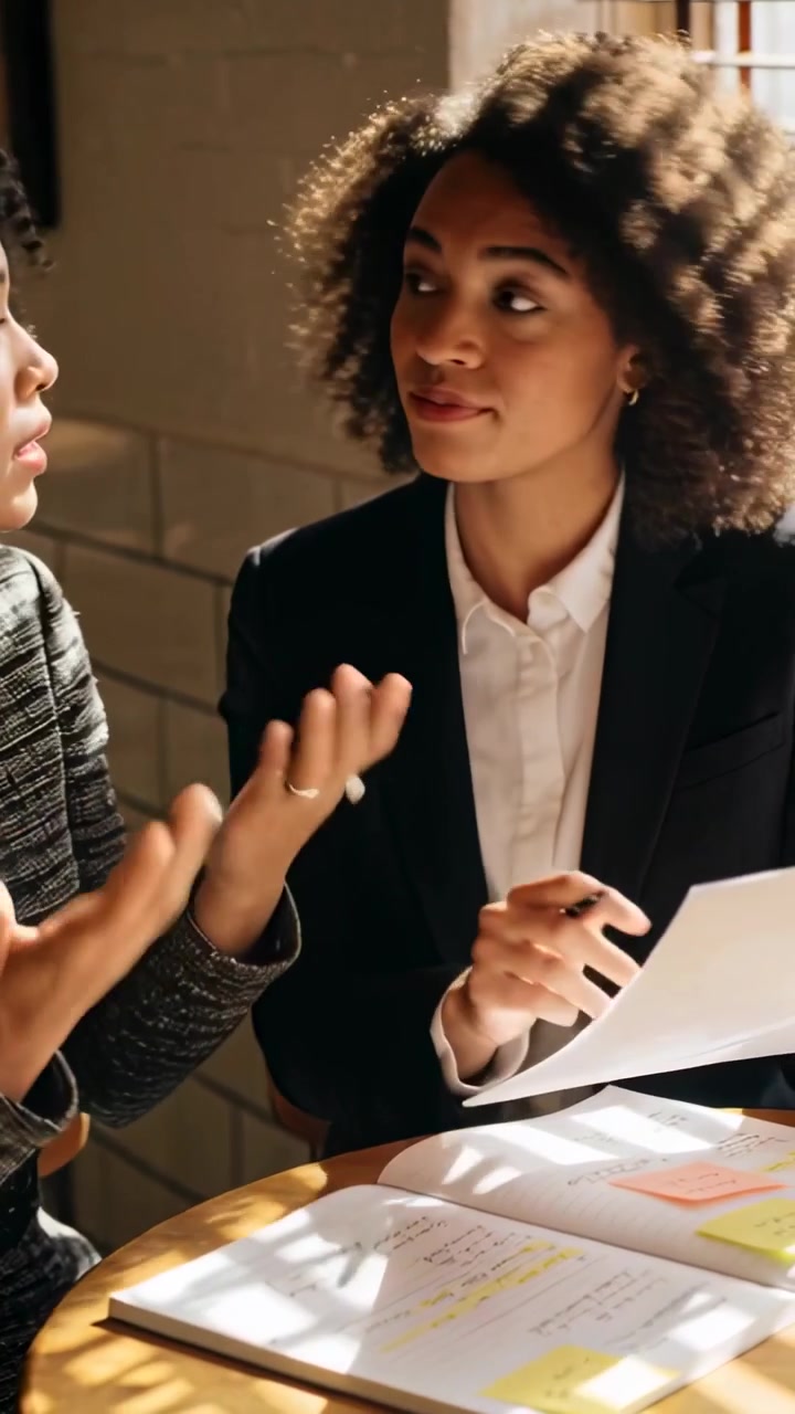 Vertical video: Holding sheet, right woman in blazer guiding coworker by blinds, noting for meeting