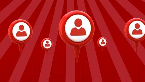 animación de iconos de redes sociales de personas rojas sobre rayas rojas rotativas que se mueven en un bucle sin fisuras