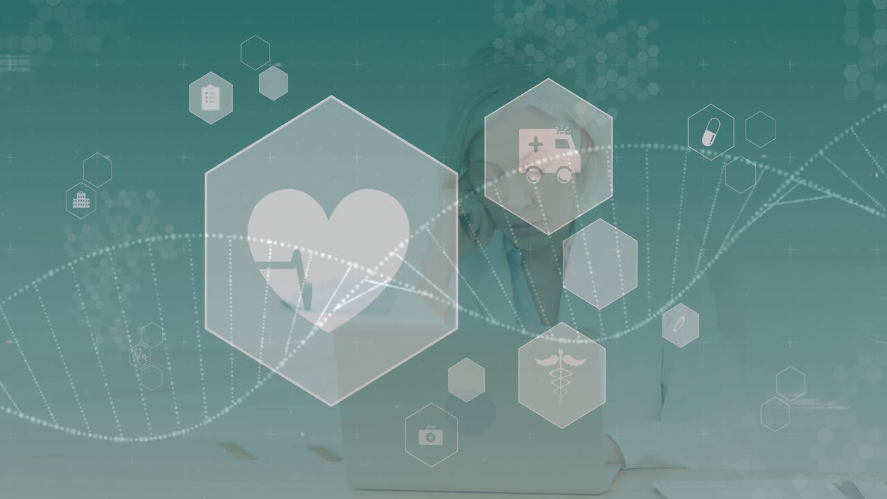 의료 아이콘과 dna 구조가 노트북을 사용하는 여성 의사에 대해 움직입니다.