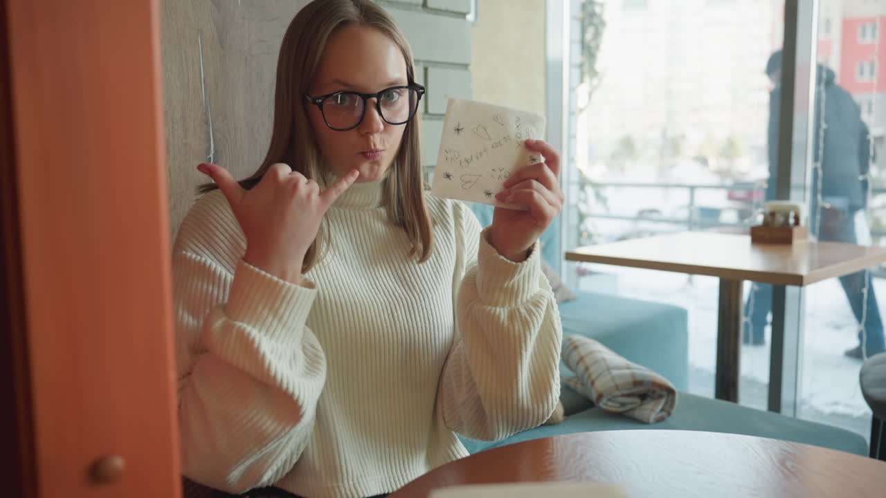 Artist in white sweater and glasses sketching phone icon on tissue paper at round table near large window in modern cafe, soft indoor lighting and blurred urban background