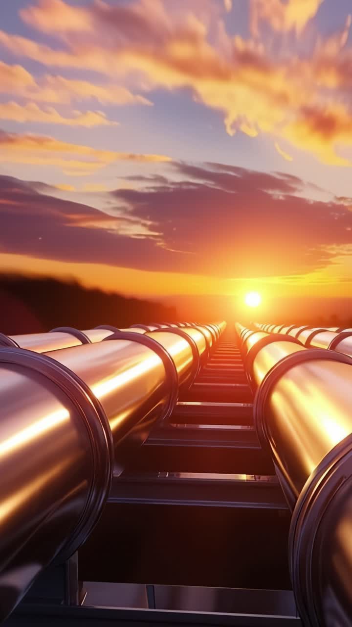 A Breathtaking View of a Long Pipeline Stretching Toward the Horizon at Sunset, Capturing the Beauty of Industrial Design Against a Stunning Sky