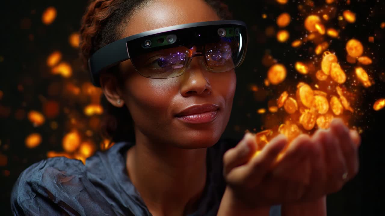 Dimostrazione di tecnologia innovativa: un utente interagisce con occhiali per realtà aumentata che mostrano monete digitali e un'esperienza di contenuti visivi coinvolgente