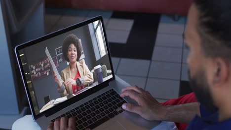 Middle-eastern-man-having-a-video-call-with-female-colleague-on-laptop