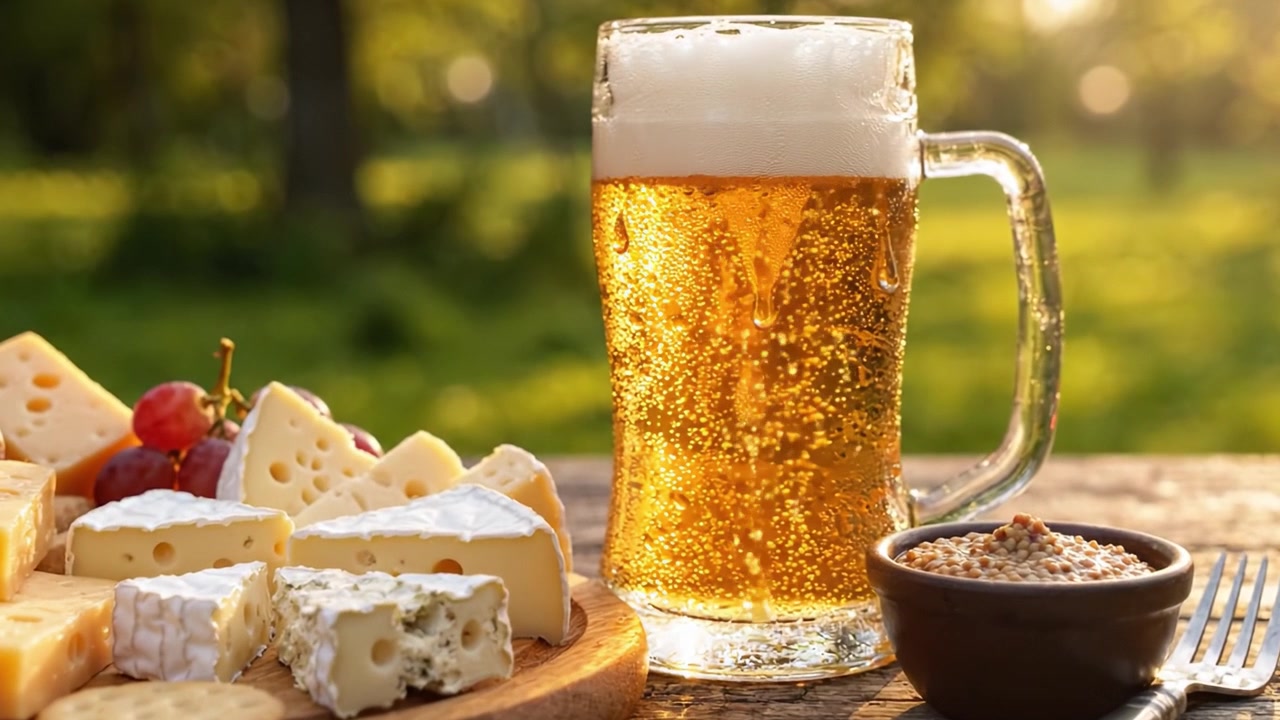 Eine einladende Auswahl an Käse und Bier im Freien: Perfekt serviert im warmen Licht der Natur mit verschiedenen Käsesorten, Snacks und einem erfrischenden goldenen Bier.