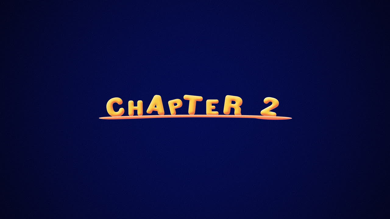 Chapter 2 Wobbly gold yellow text Animation pop up effect on a dark blue background with texture