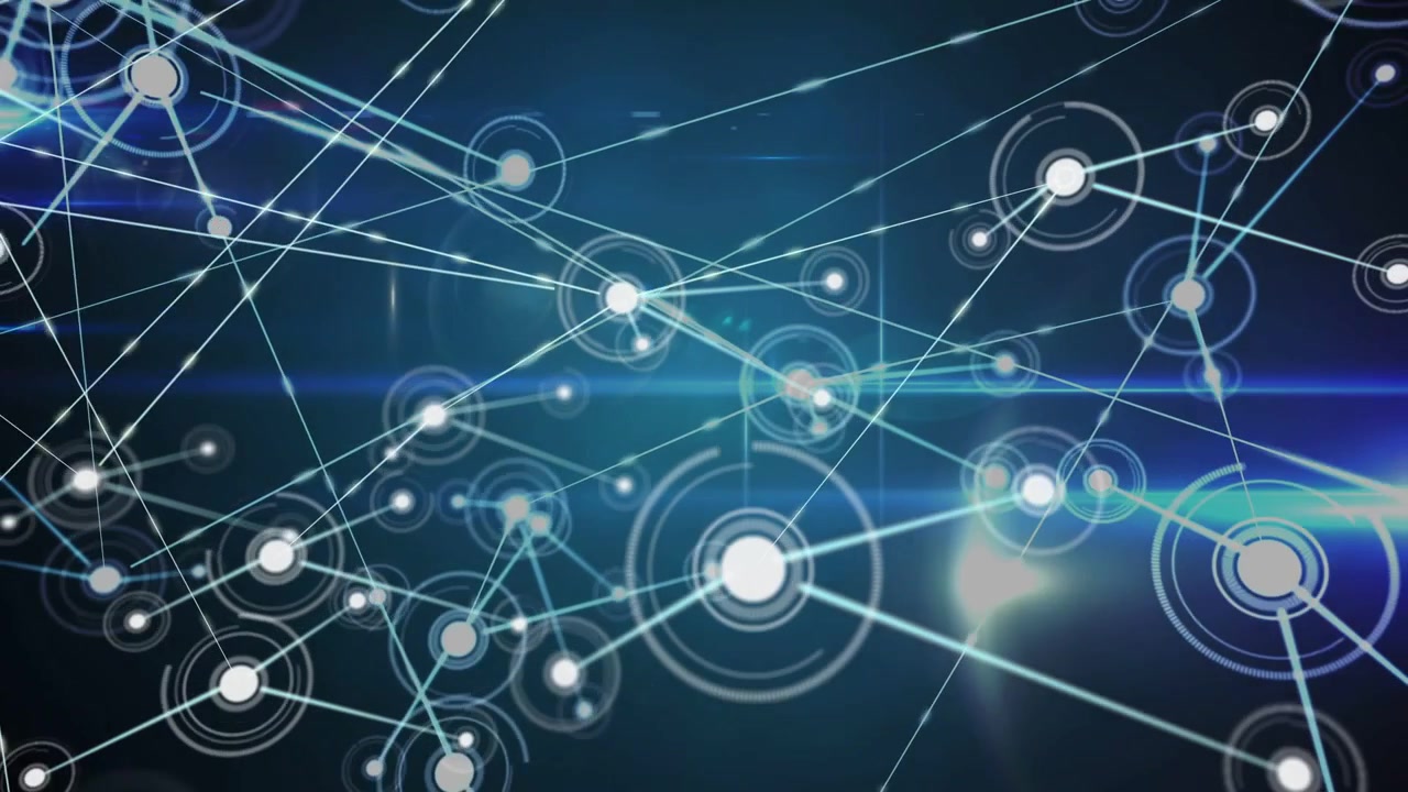 Central node spawning nodes, extending luminous lines and pulsing rings for tech network growth