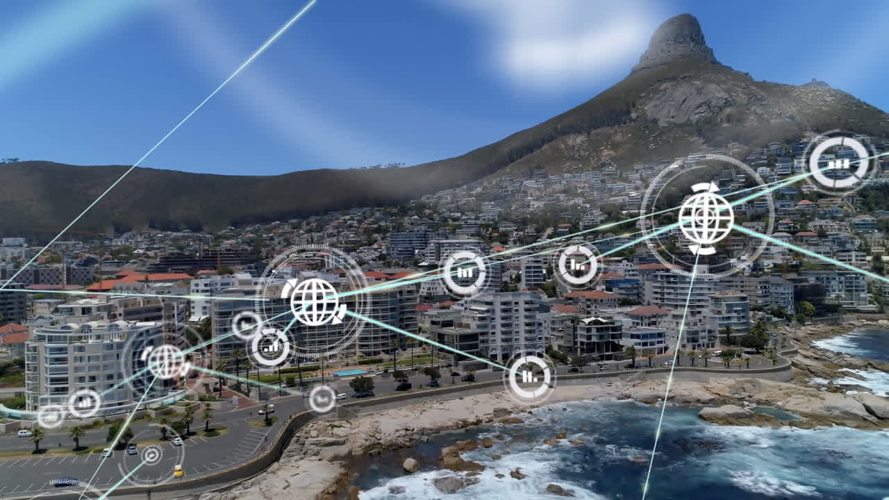 animación de la red de conexiones con iconos sobre el paisaje urbano