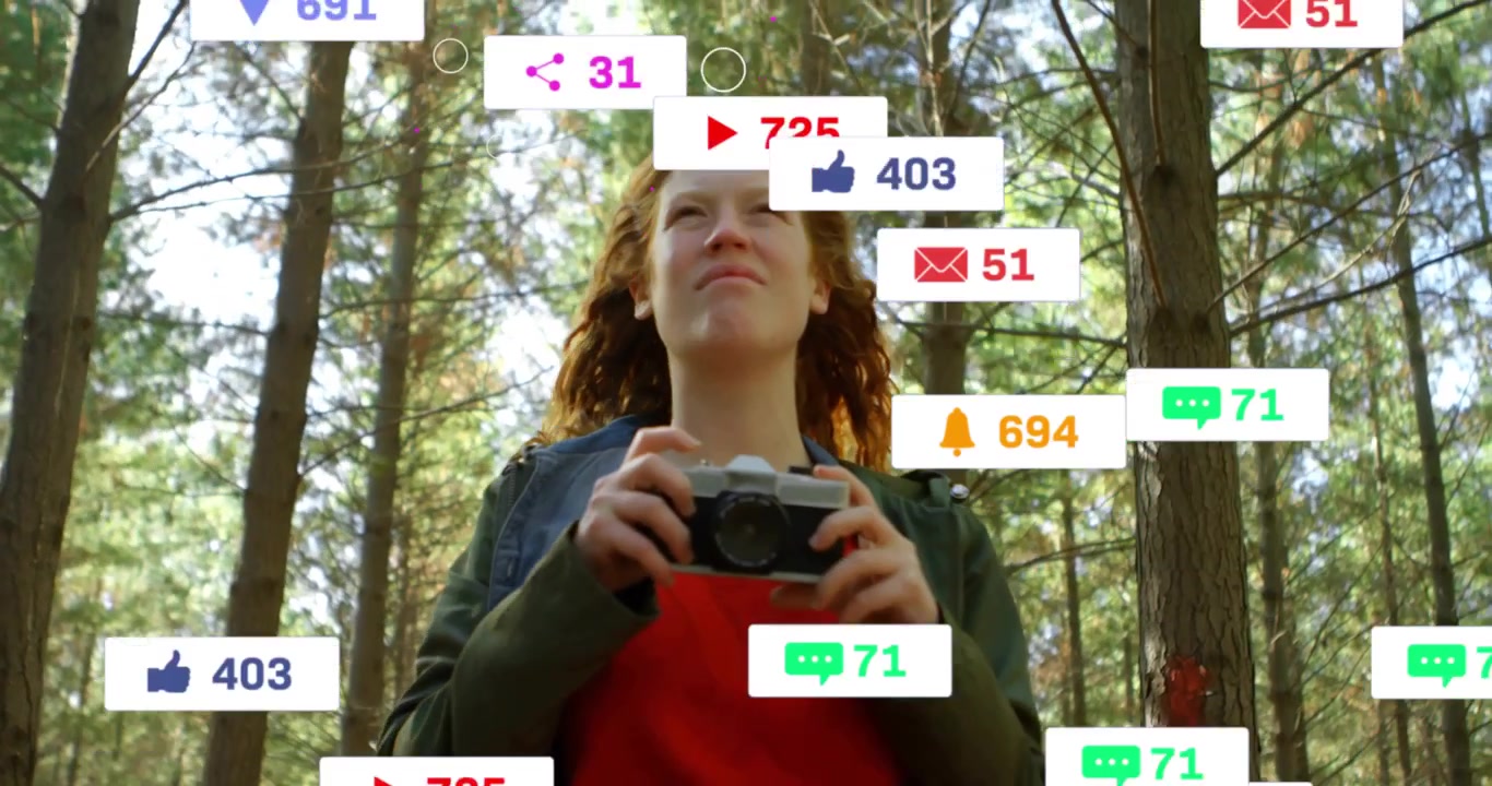 Young Woman Holding Camera in Forest with Social Media Notifications