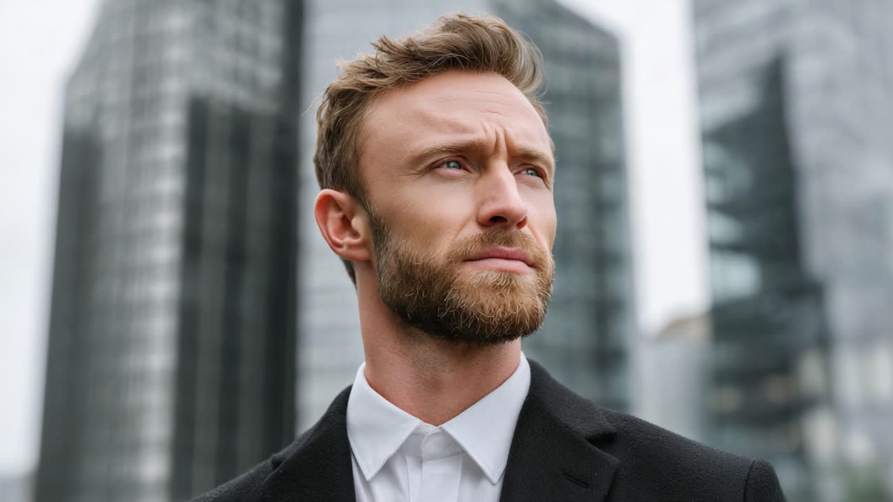 A pensive man gazes thoughtfully into the distance, embodying confidence and sophistication against a backdrop of modern architecture and urban innovation