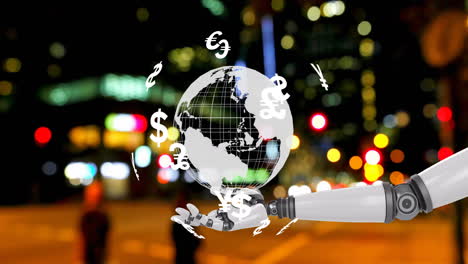 robot hand holding globe with currency symbols animation over city lights background