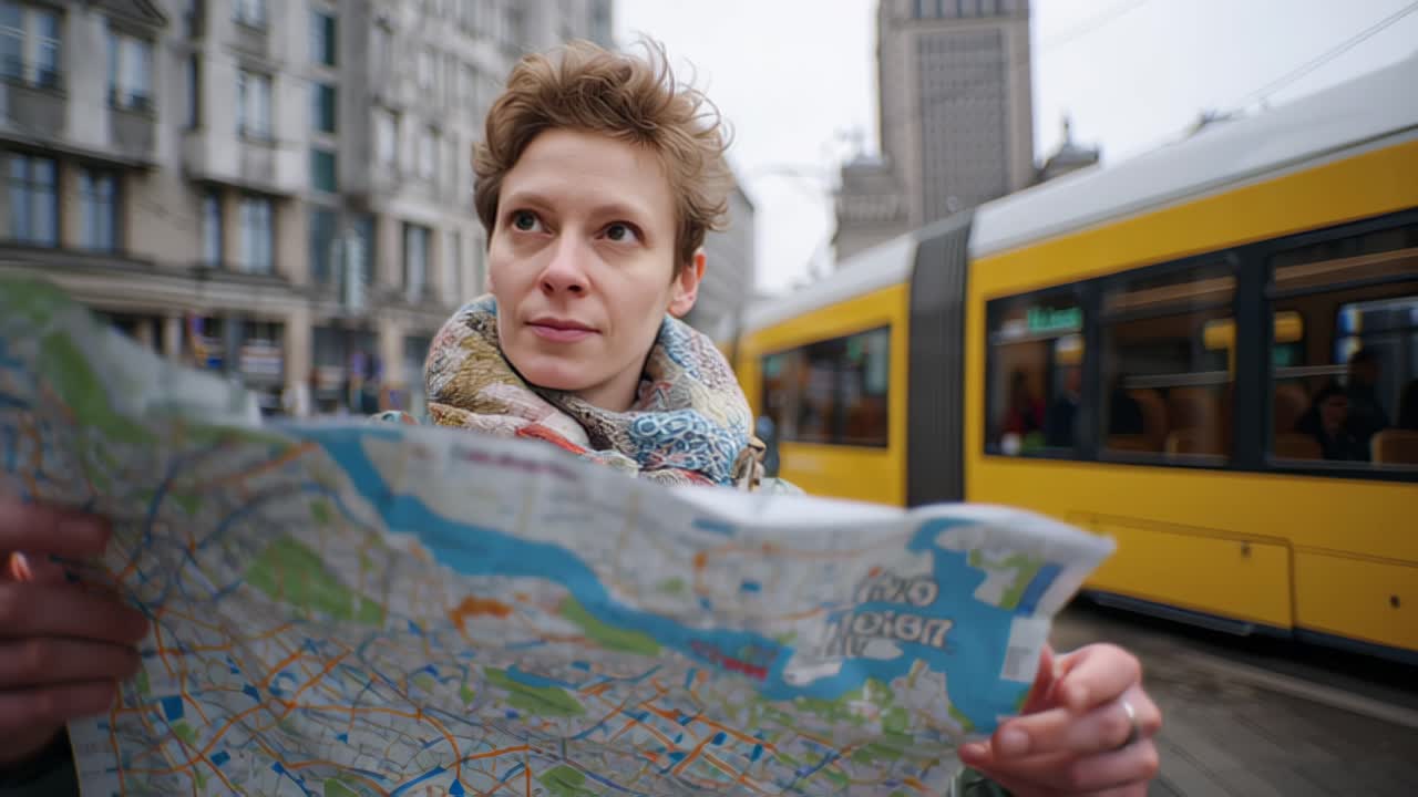 Nærbillede af en ung kvinde, der holder og læser et papirbykort på en europæisk gade, mens en gul sporvogn passerer bagved, koncept for rejse, navigation og pendling.