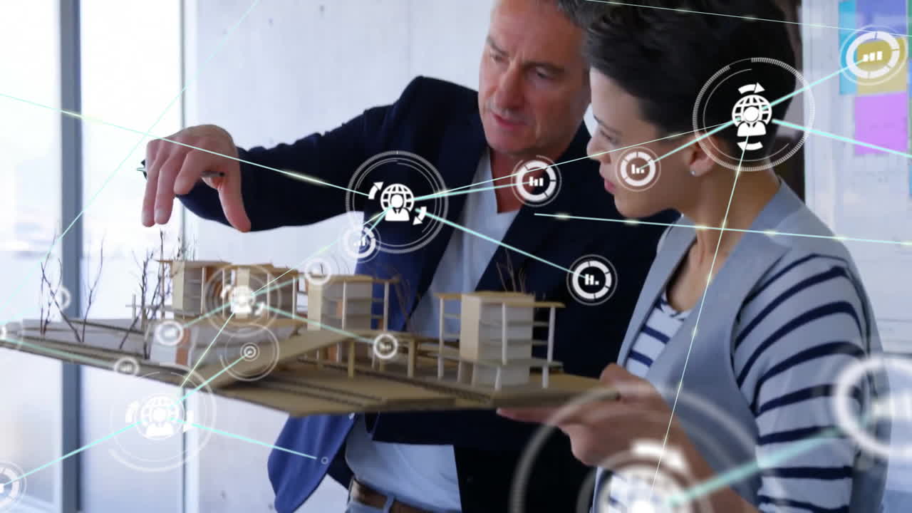 사무실에서 다양한 건축가에 대한 아이콘과 연결 네트워크의 애니메이션