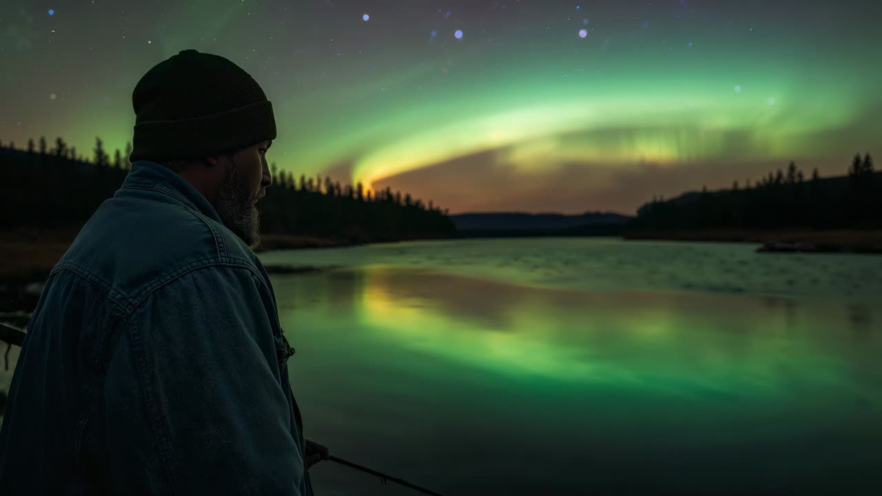 Noting aurora, senior angler turning head on shore in denim jacket, holding fishing rod, copy space