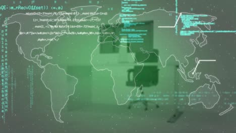 animation of computer language over map against against unoccupied chair and desktop in office