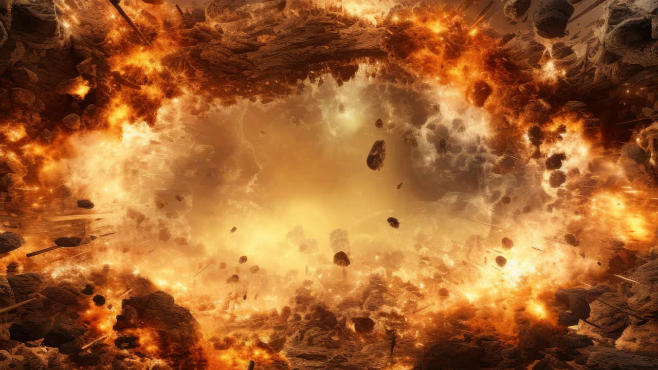 Dynamic explosion scene with fiery debris captured from a wide-angle perspective, perfect