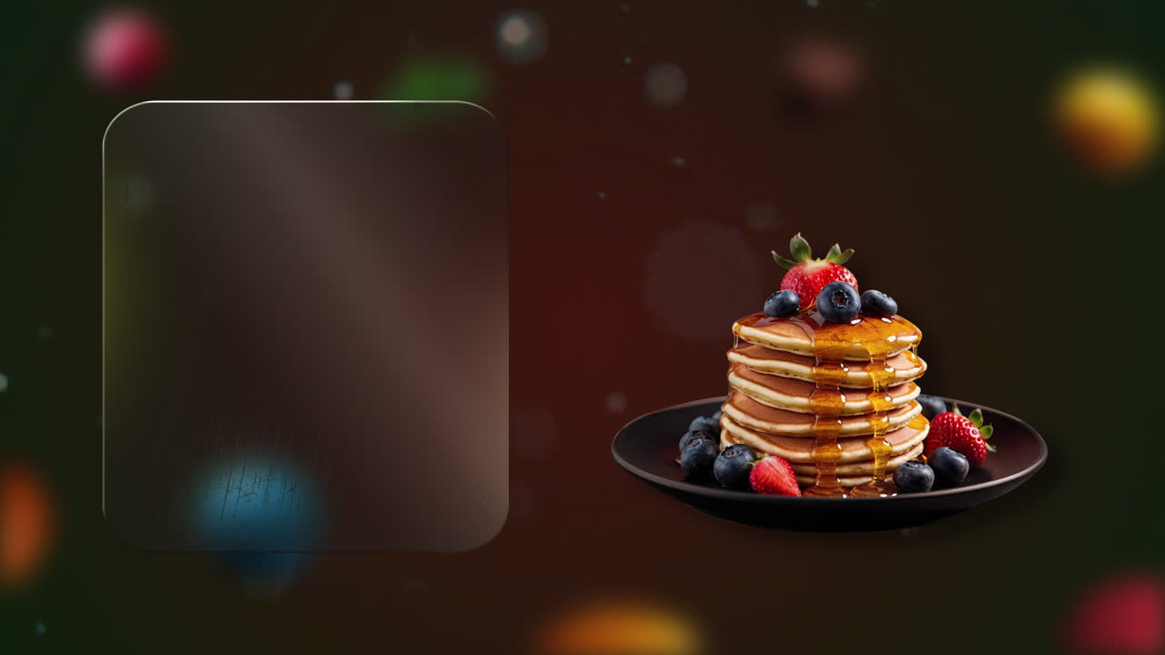 Stack of pancakes with honey drizzled, blueberries and strawberries food footage for your menu marketing – clean glass panel reveals in sync with dish, perfect for promos