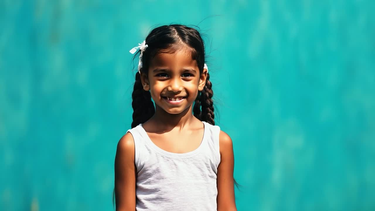una niña sonriente con una camiseta blanca