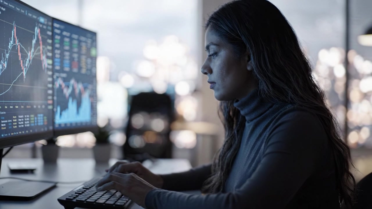Dedicated analyst closely monitors complex market data and trends displayed on multiple screens, highlighting focus and determination in a modern workspace.