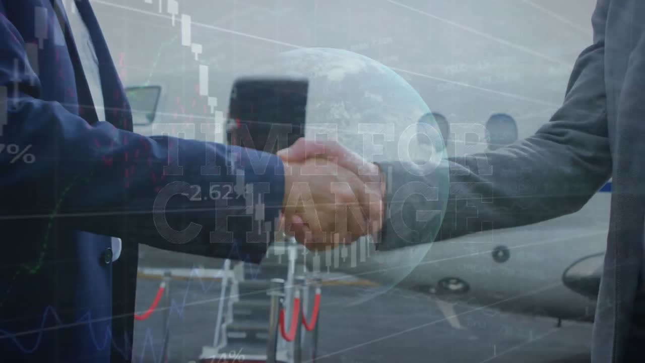 animación del globo y gráficos sobre diversos empresarios que se dan la mano