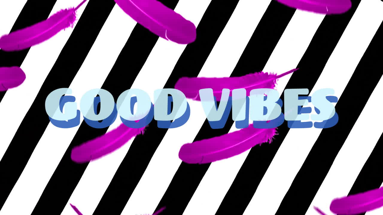 Good Vibes text with purple feathers and black-and-white striped background