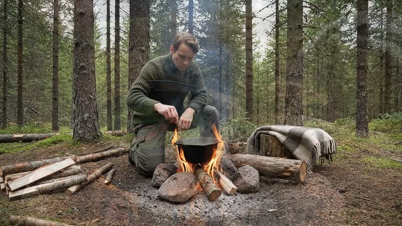 Mann som lager mat over et leirbål i skogen