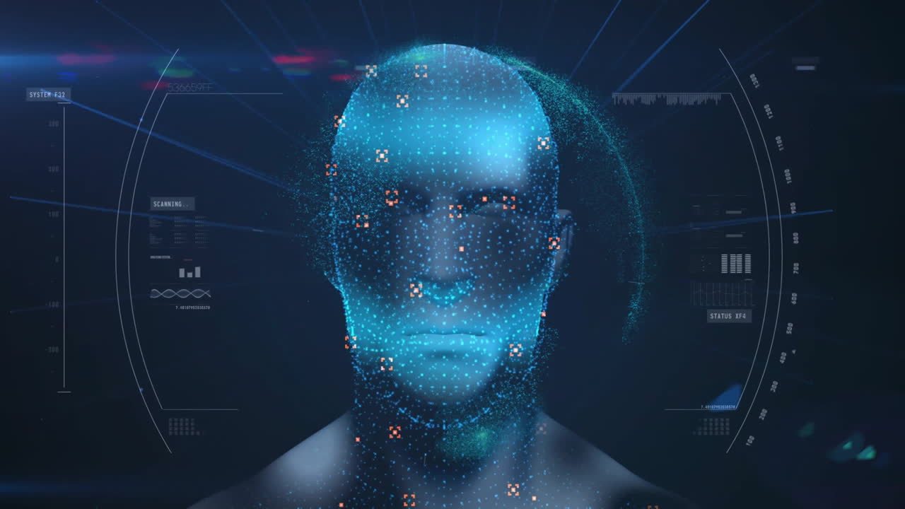 Animation of data processing and scope scanning over digital human and globe
