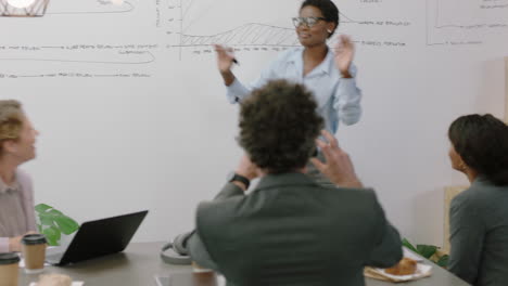 business people celebrating african american team leader woman dancing funny enjoying corporate victory dance happy multi ethnic colleagues cheering successful teamwork in silly office party