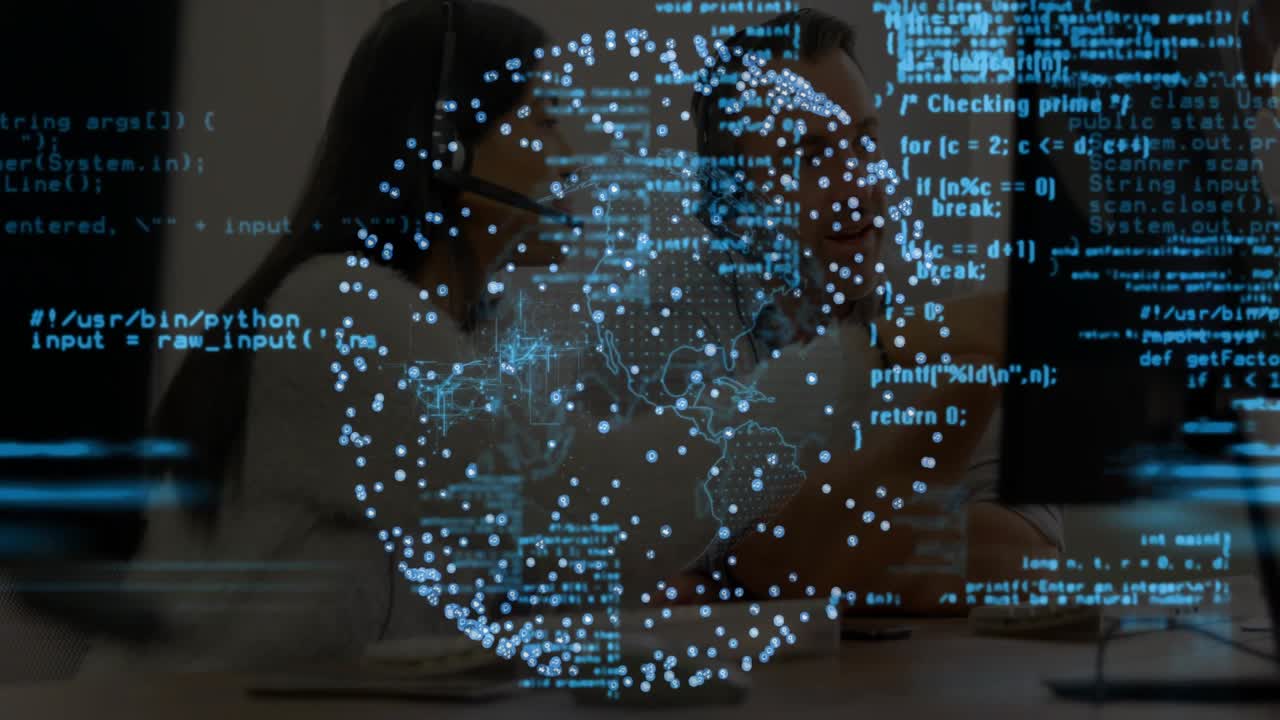 Holographic globe appearing, woman tapping stylus and man typing laptop fixing code in tech