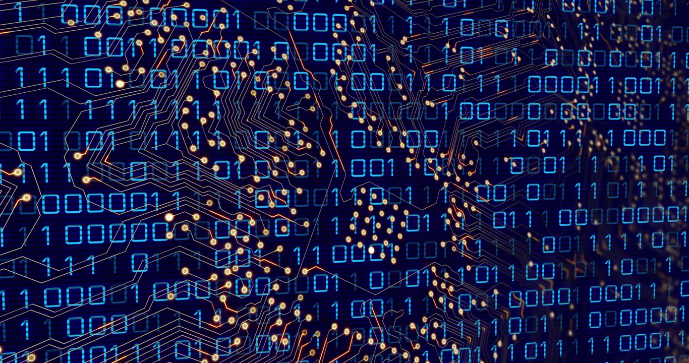 Digital video merges microprocessor and heart icon, symbolizing biology and technology.