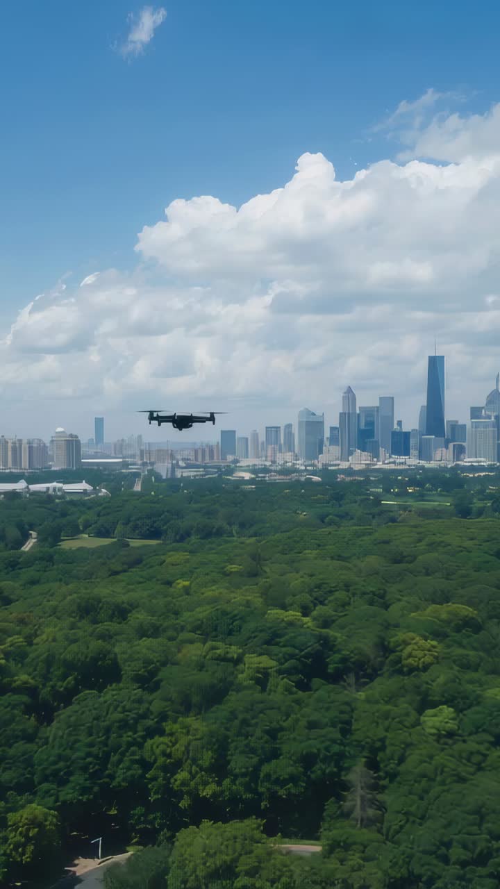 Vertical video: Responding to pilot command, black quadcopter approaching camera over park skyline