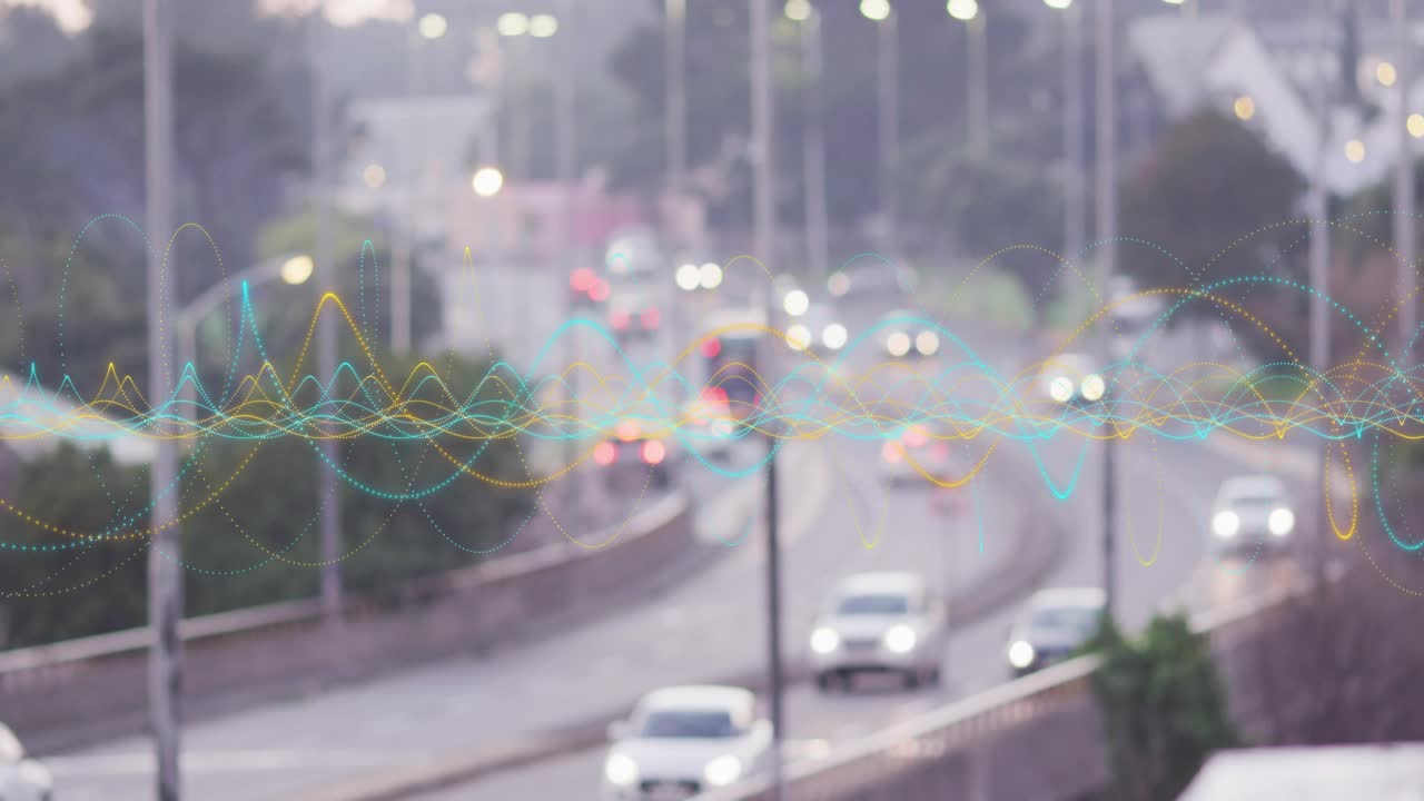 Vehicles entering top center moving along curved road while waveform pulsing, showing traffic flow