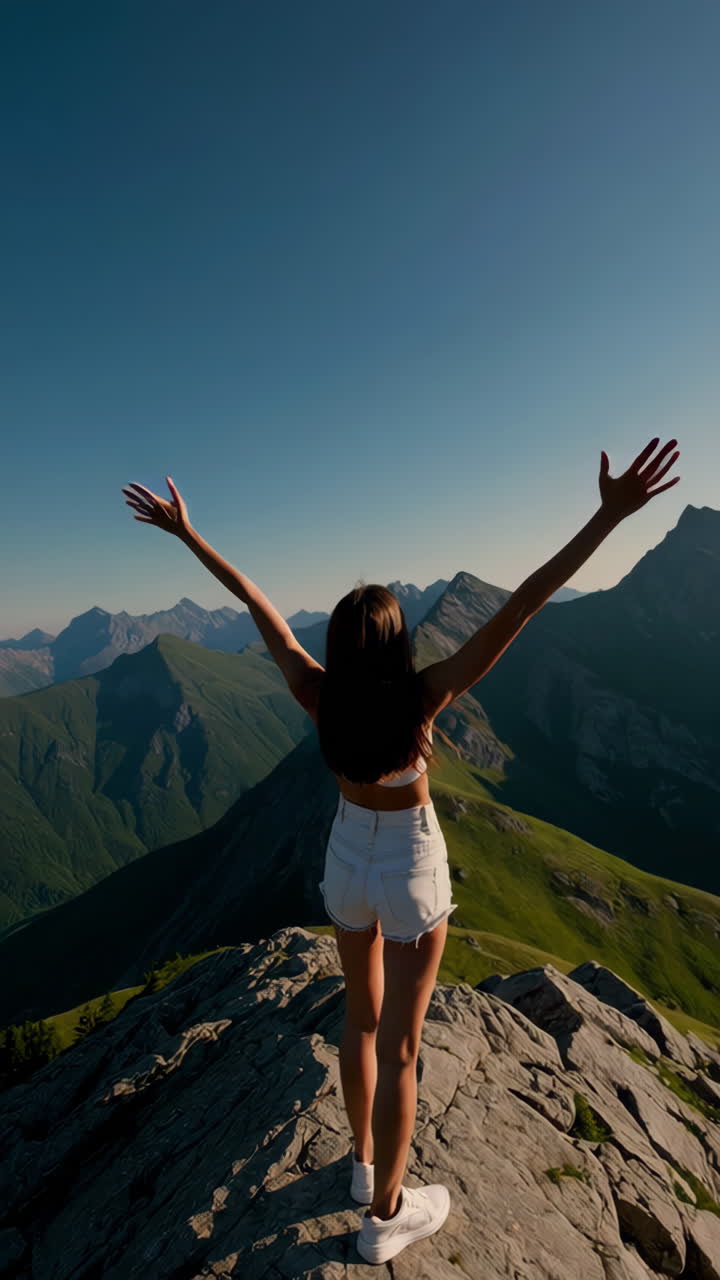 Woman Triumphs on Mountain Peak with Arms Raised