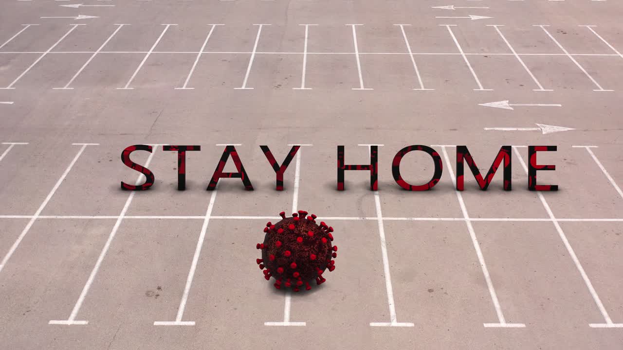 Empty Parking Lot with "Stay Home" Message and Coronavirus Image