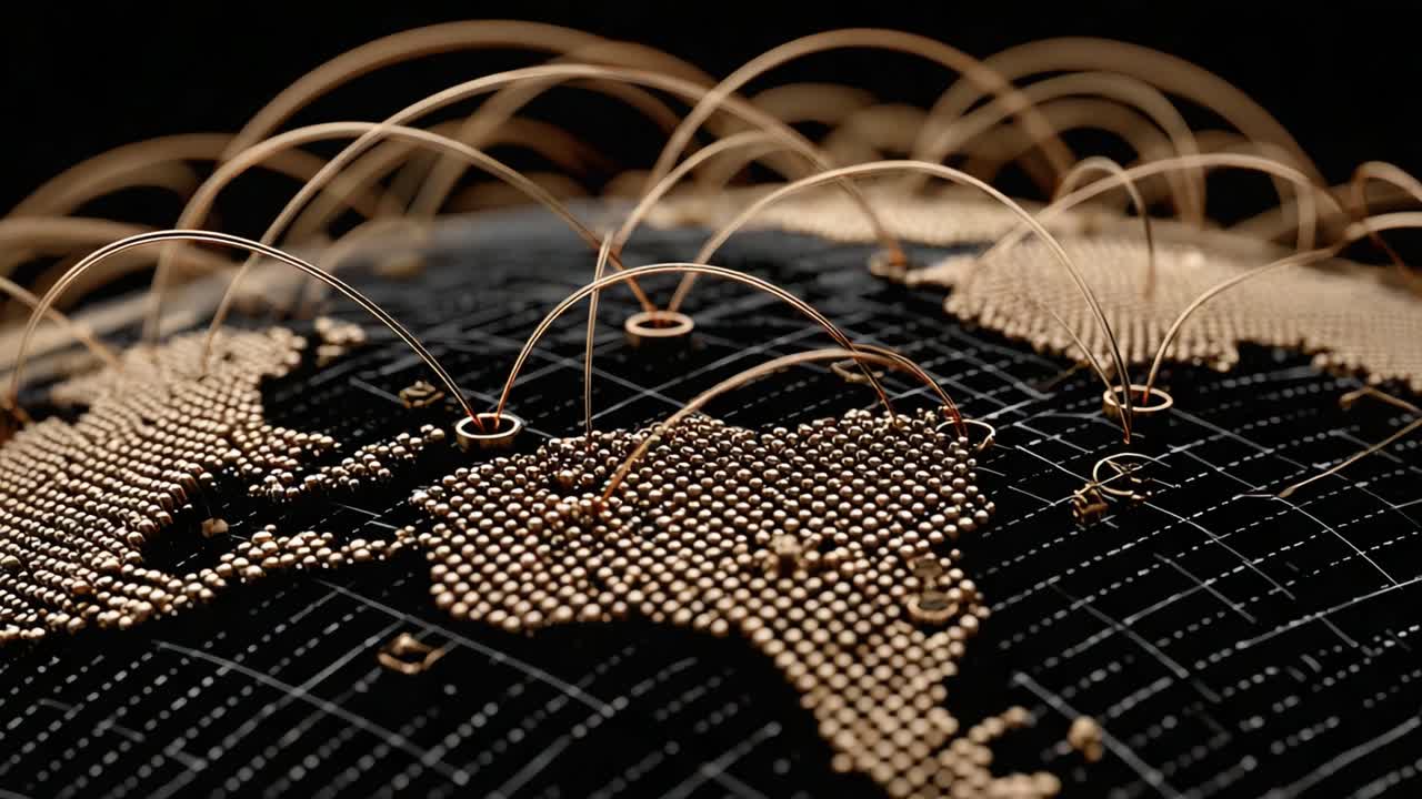 Digital Connectivity and Global Networking: A Visual Representation of Data Exchange Across Continents with Lines Connecting Nodes on a World Map