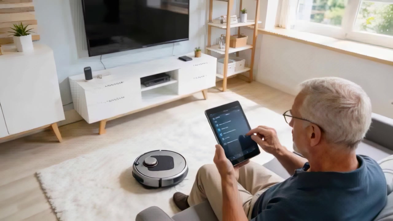 Tapping tablet, senior man activating and adjusting robot cleaning mode in living room, copy space