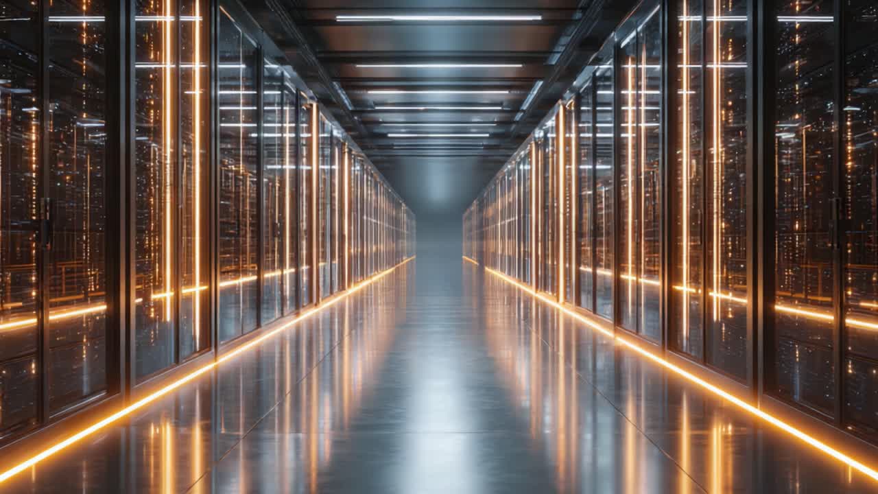 Illuminated Data Center Corridor: A Glimpse Into Cutting-Edge Technology and Infrastructure with Dazzling LED Lighting Reflecting on a Sleek Floor Surface