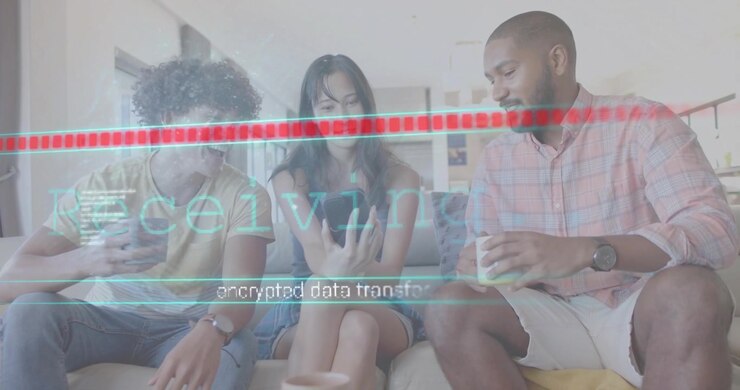 Woman tapping smartphone revealing encrypted data transfer overlay in tech while friends smiling