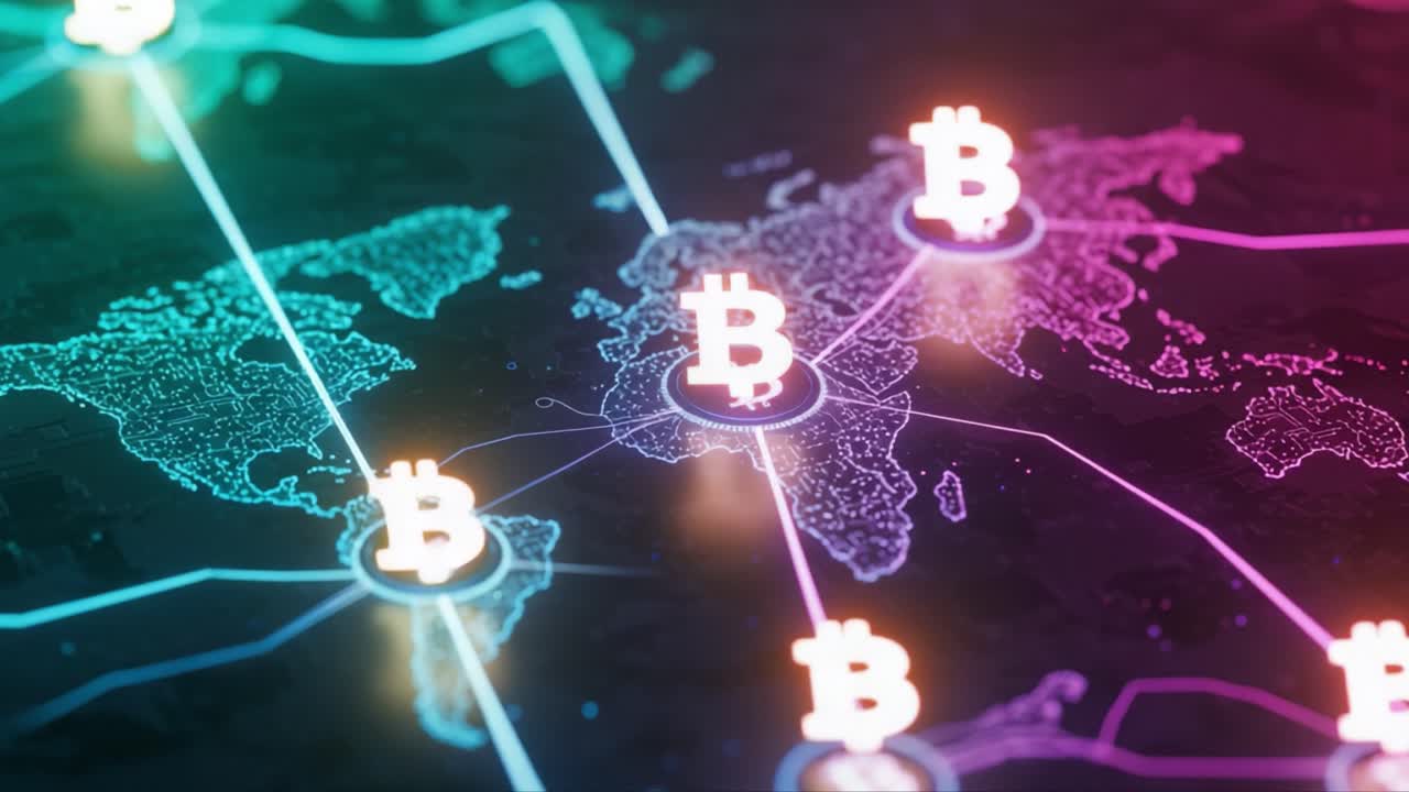 Visualizing the Global Impact of Cryptocurrency: A High-Tech Map Showcasing Bitcoin Networks Across Various Regions and Their Interconnectedness in a Digital Economy