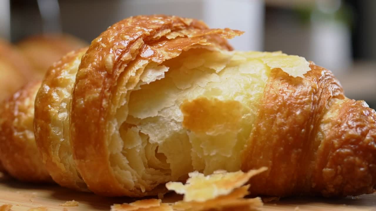 Inquadratura che si allontana, croissant che perde la crosta sfogliata e rivela gli strati su un tagliere di legno, mostrando la consistenza.