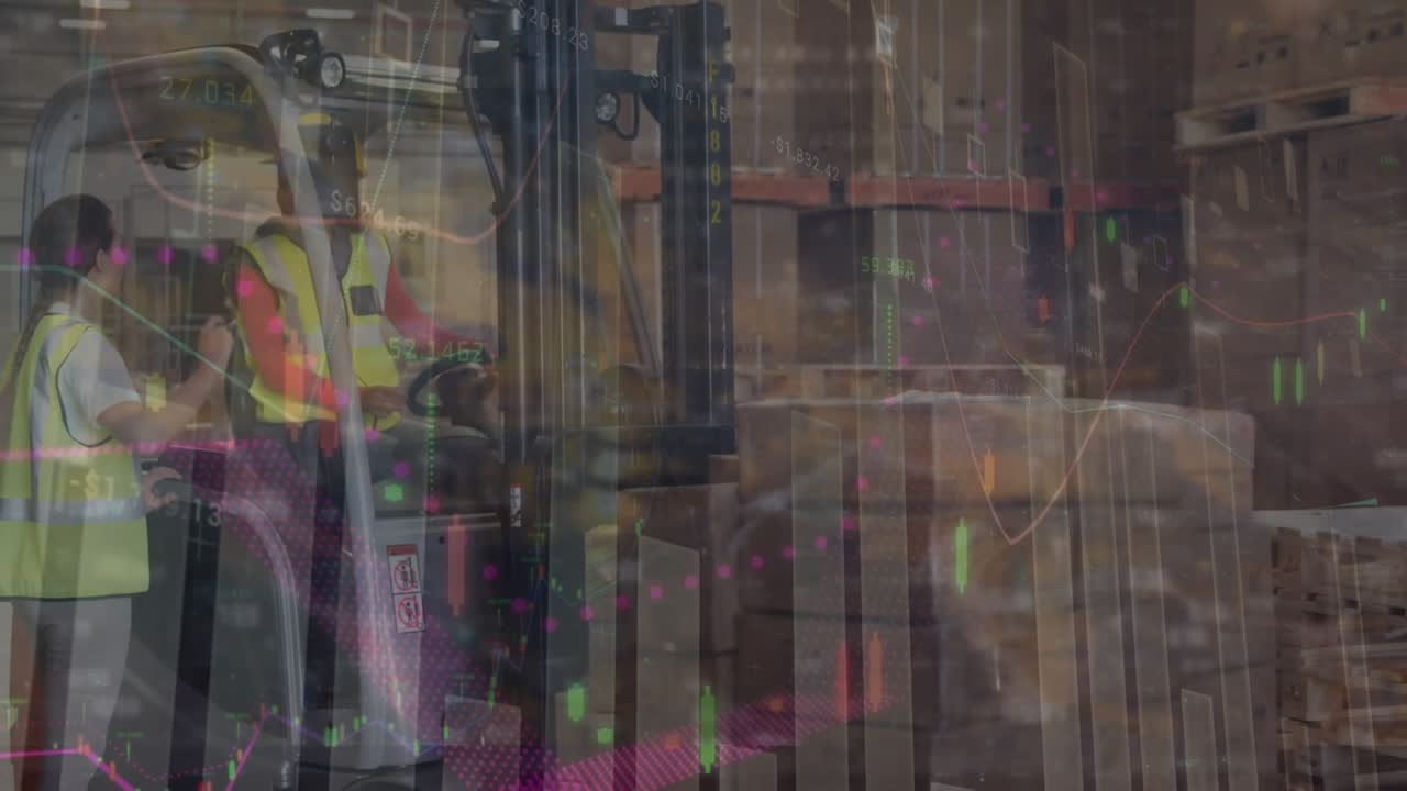 animación de múltiples gráficos con números sobre compañeros de trabajo multirraciales discutiendo en el almacén.