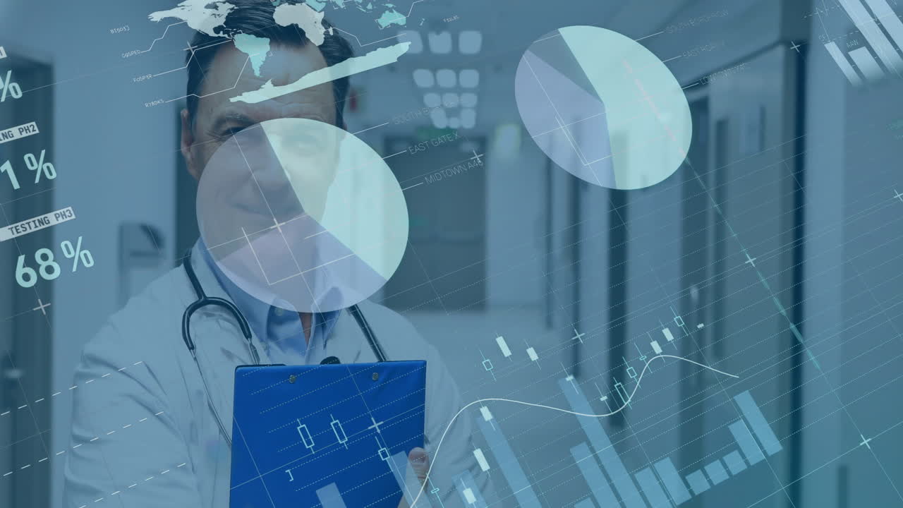Animation of data processing and diagrams over caucasian male doctor smiling