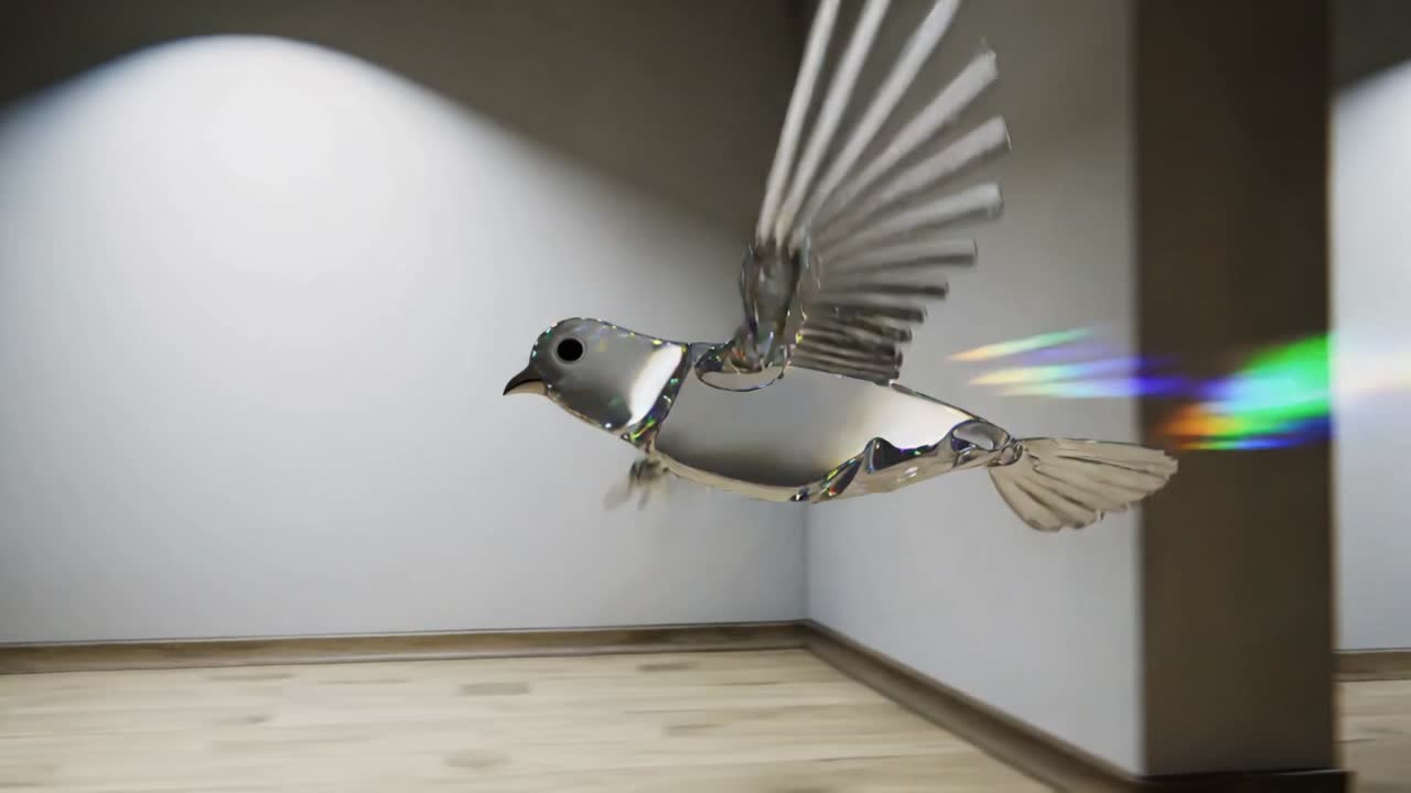 Modellino di uccello riflettente che plana, catturando punti luce, proiettando ombra e lasciando una scia arcobaleno attraverso la galleria.