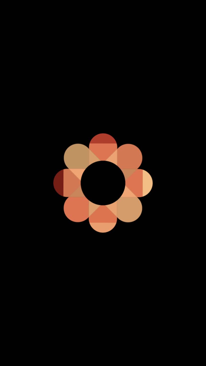 Animazione in loop continuo di un logo a fiore geometrico in rotazione con canale alfa per video verticali
