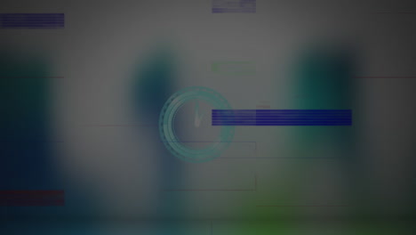 animación del reloj, con interferencia digital colorida, sobre formas azules borrosas