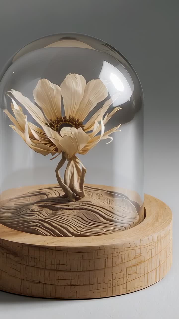 Vidéo verticale : une sculpture de fleur rotative sous une cloche en verre sur une base présentant du grain démarre l’enregistrement