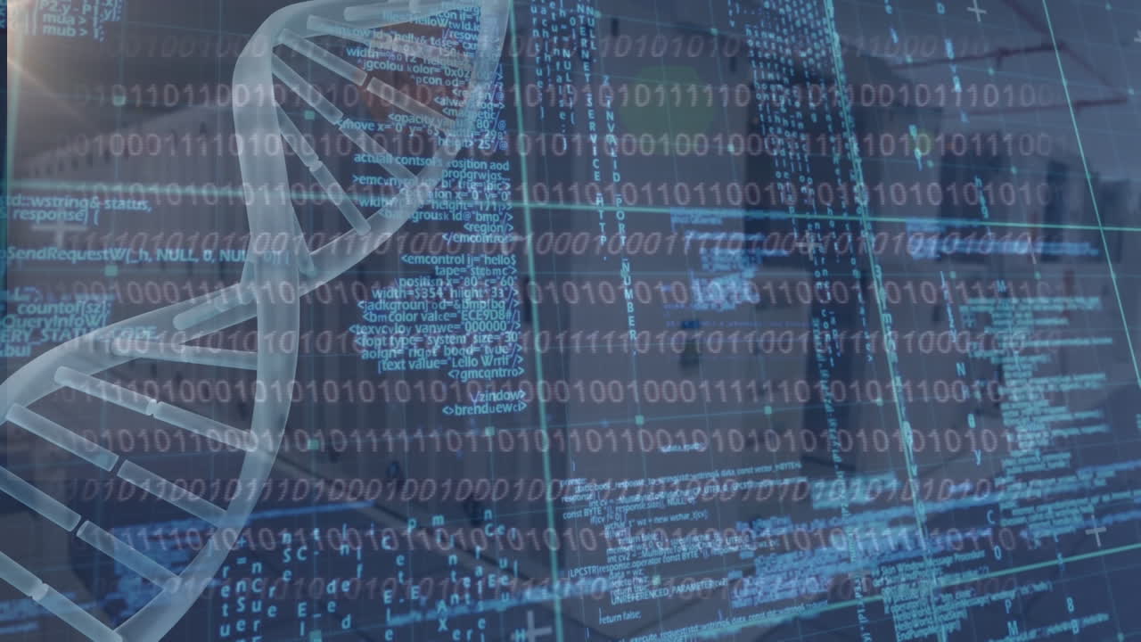 Animation of dna strand spinning , data processing over glowing computer circuit board